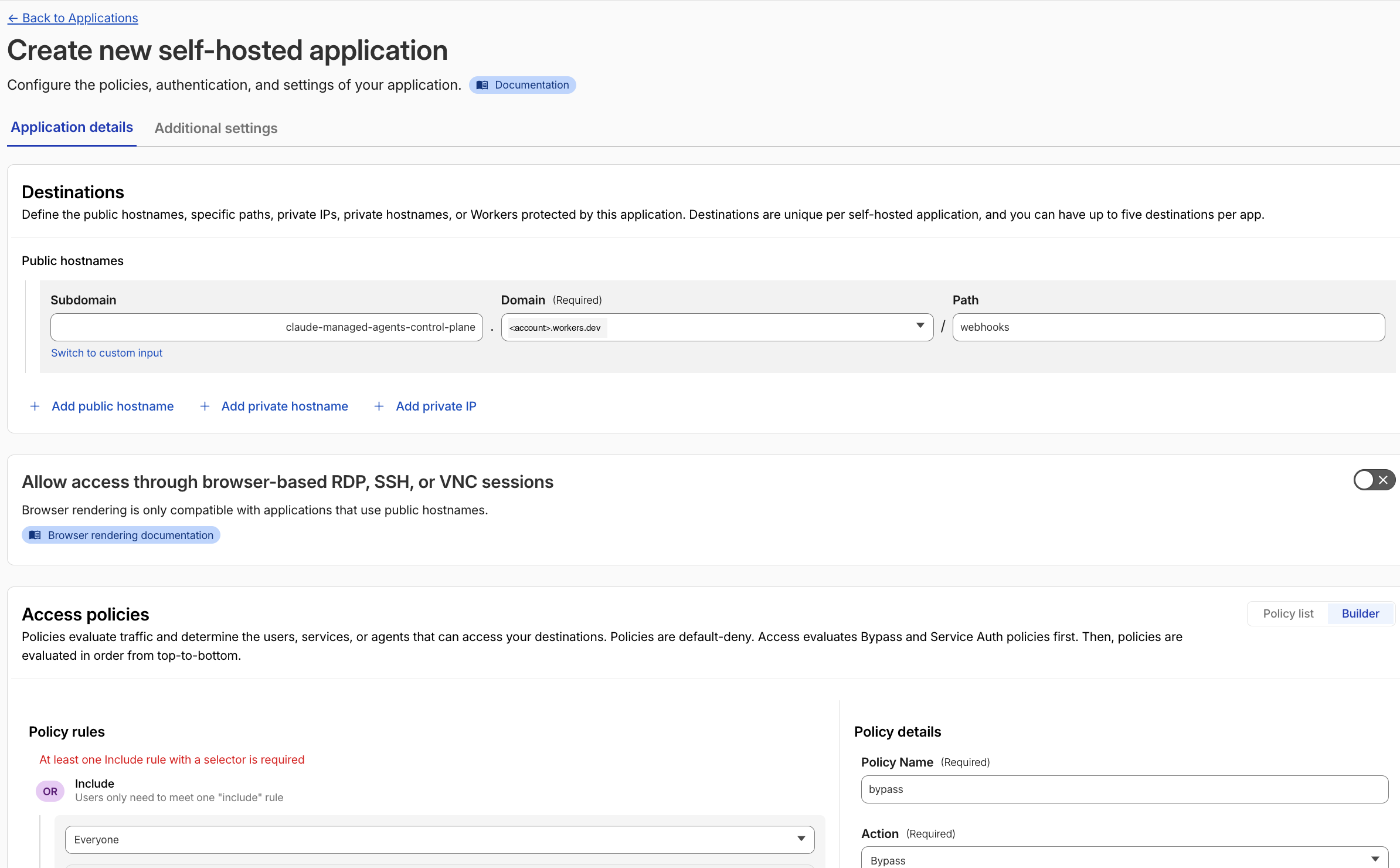 Cloudflare Zero Trust Access policy configured with Action set to Bypass and Include set to Everyone, scoping the /webhooks path of the Worker so Anthropic deliveries reach the route without an Access login