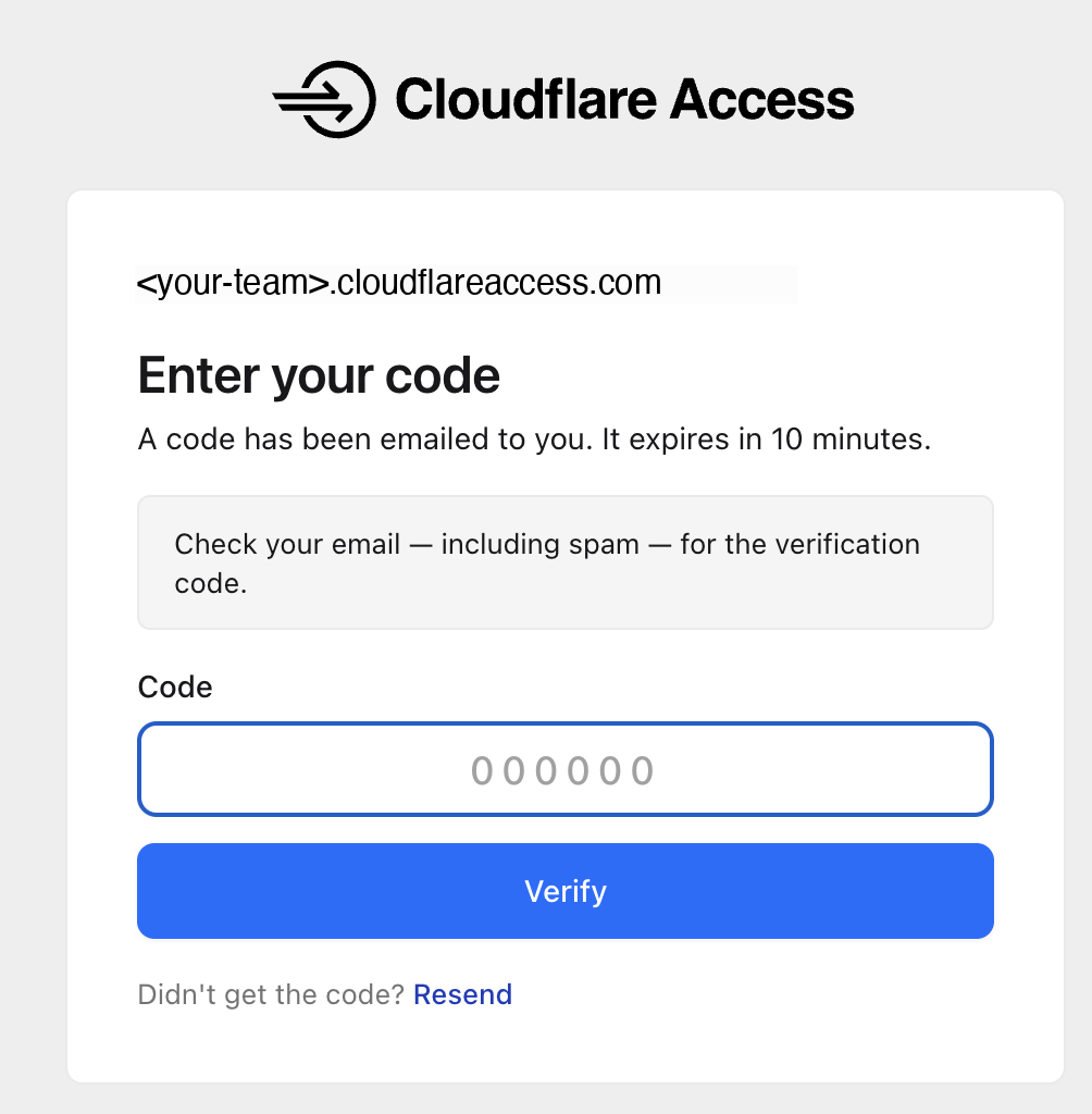 Cloudflare Access One-Time PIN code-entry screen prompting for the six-digit code that was emailed to the user