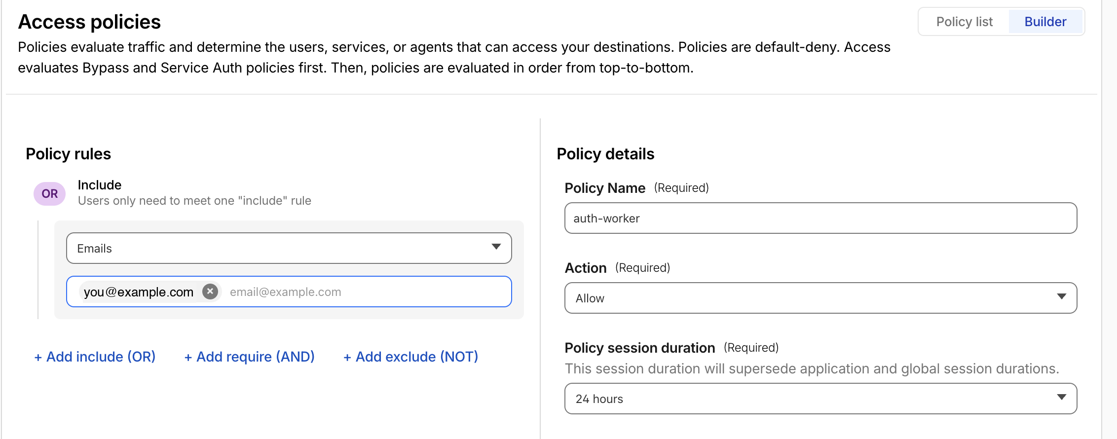 Cloudflare Zero Trust Access policy form with the policy action set to Allow and an Include rule scoping access by email