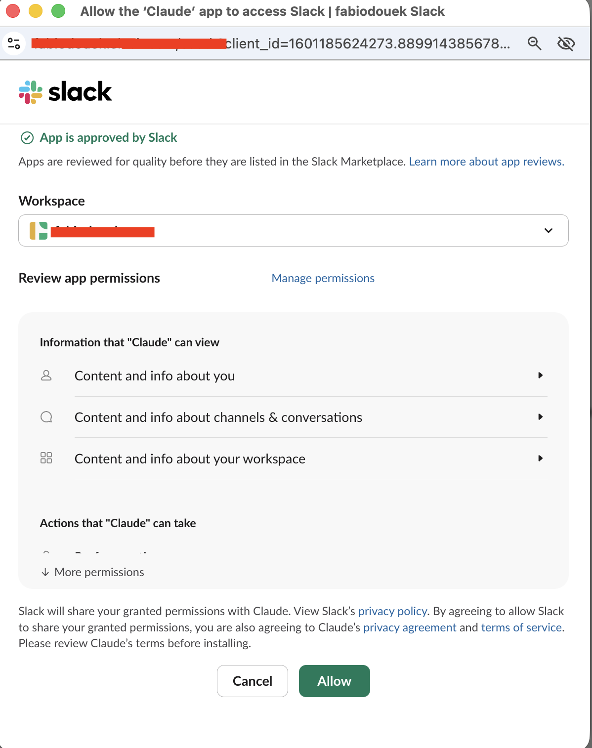 Slack confirms the workspace install