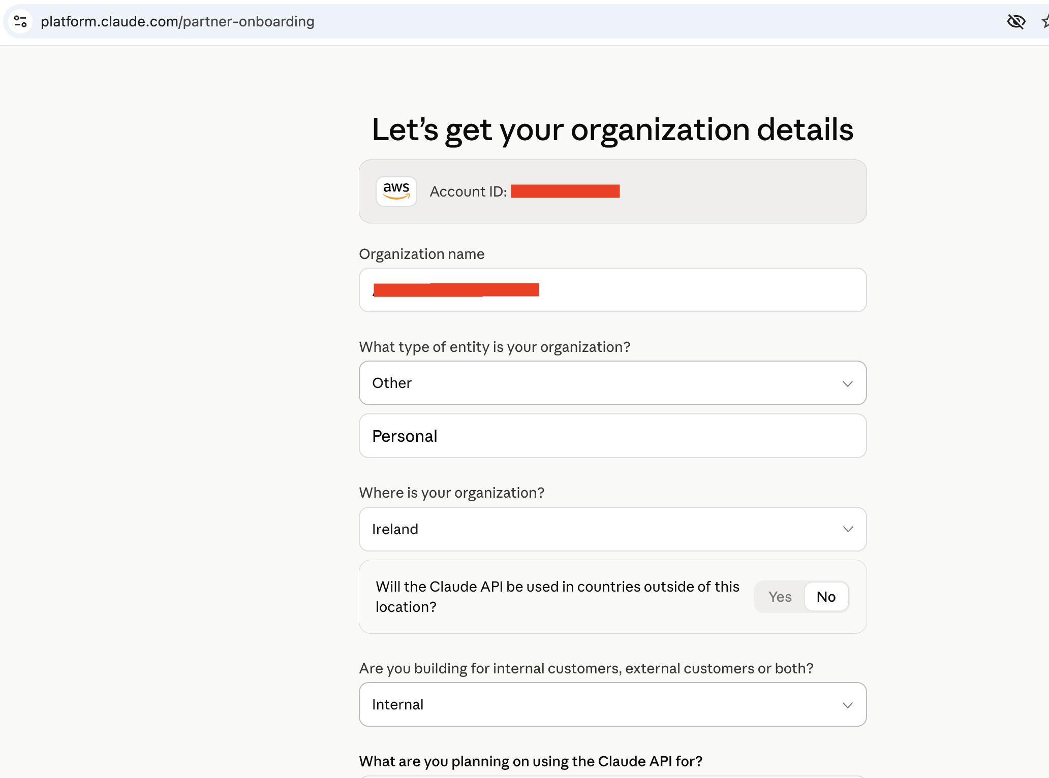 Anthropic organization setup form