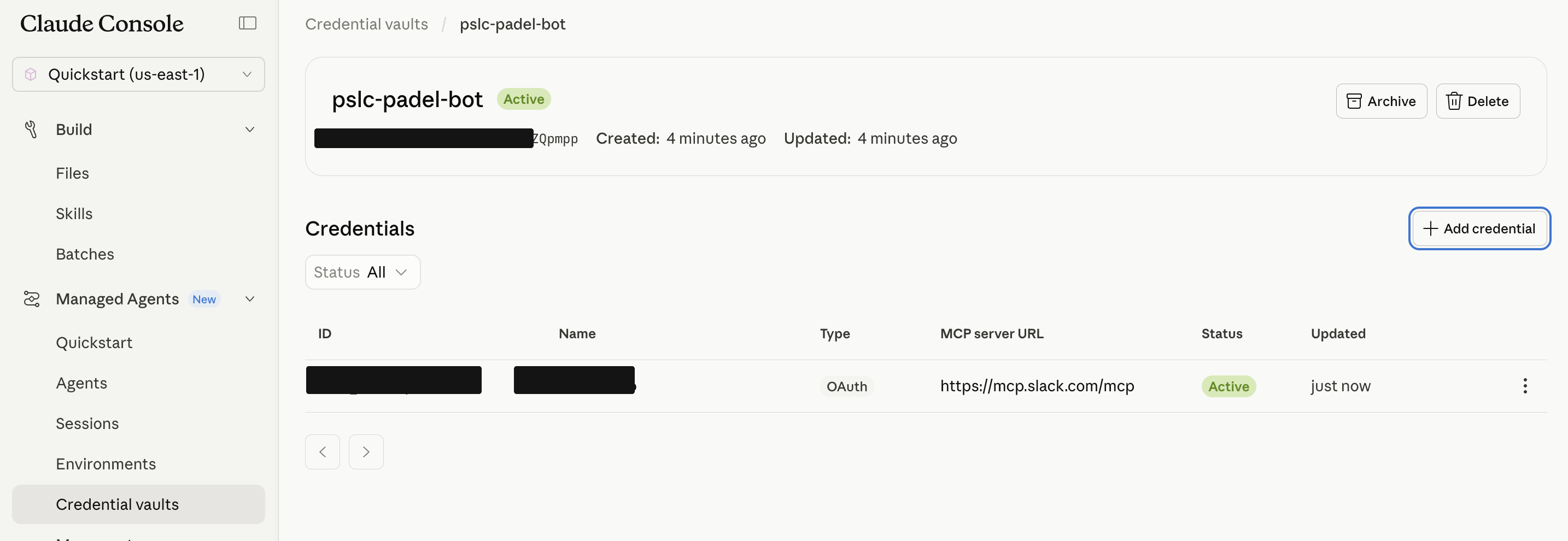 Vault credential created in the Claude Console with mcp_oauth + refresh metadata