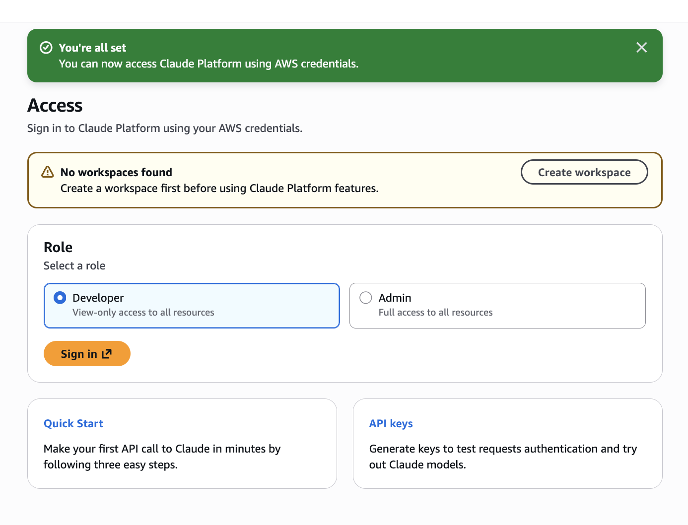 Organization-created screen with the Create Workspace call to action