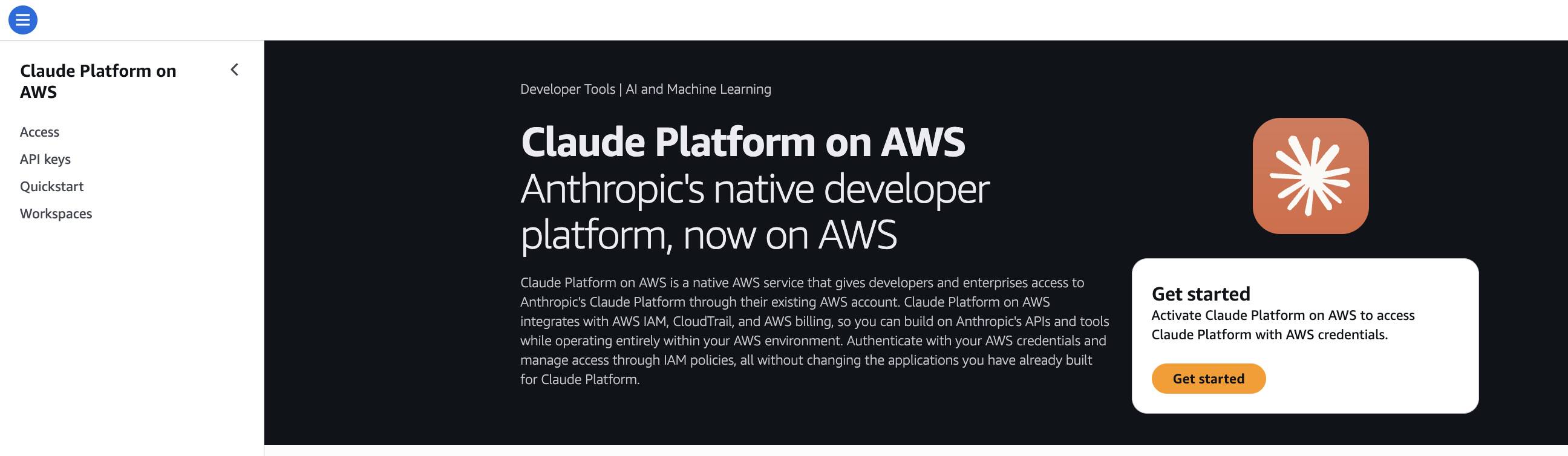 Claude Platform on AWS service landing page in the AWS Console with the Get Started button