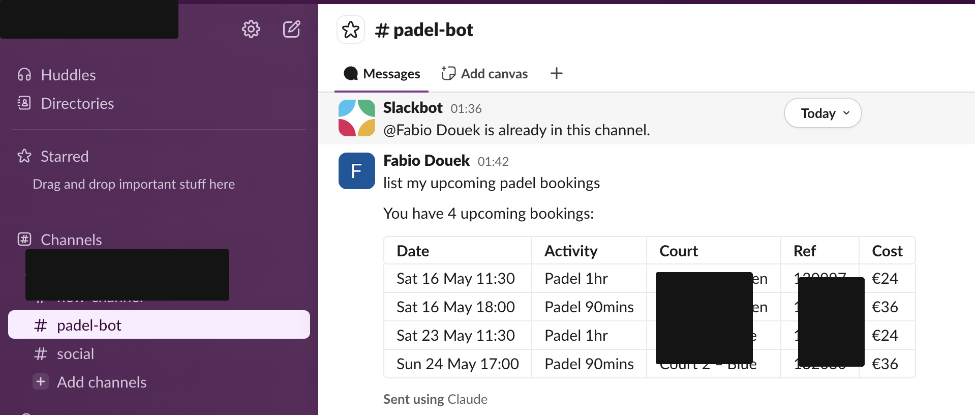 Slack thread: human asks for bookings, agent replies with a markdown table of 4 upcoming bookings