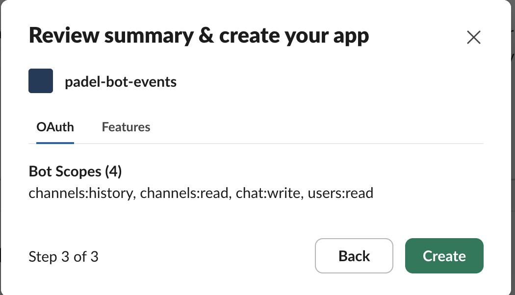 Slack confirmation review screen for the padel-bot-events manifest