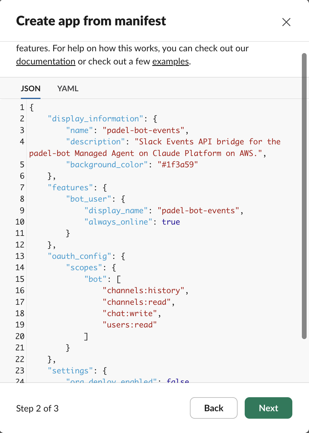 Slack's Create New App flow showing the From an app manifest option