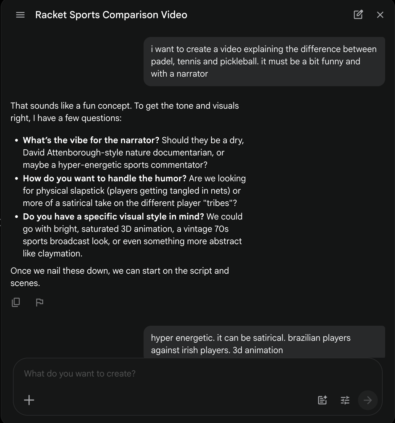 Flow chat window: the Racket Sports Comparison Video project kickoff