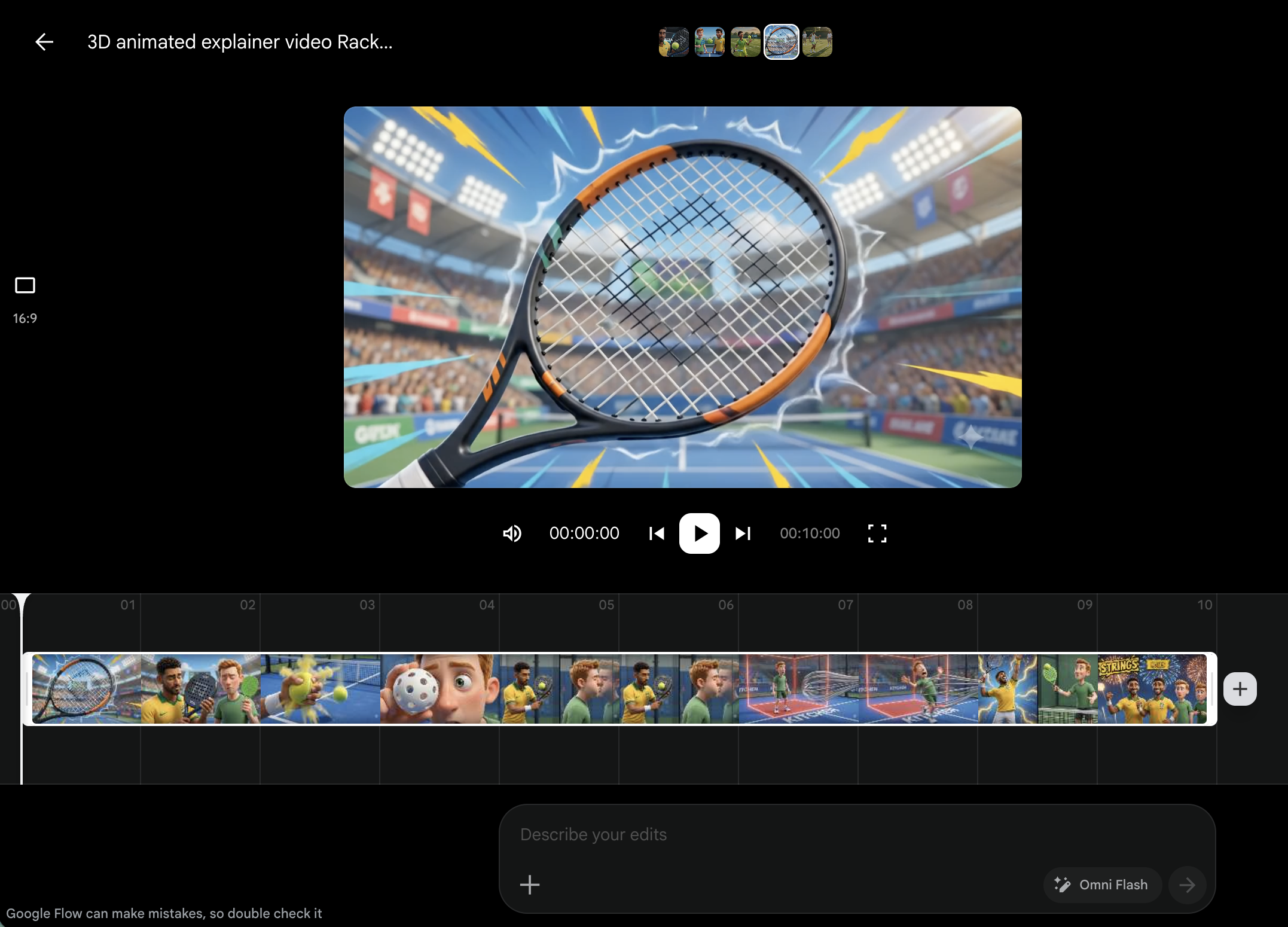 Flow's Scenebuilder: four 10-second clips merged into one timeline, with a chat box for Omni Flash edits below