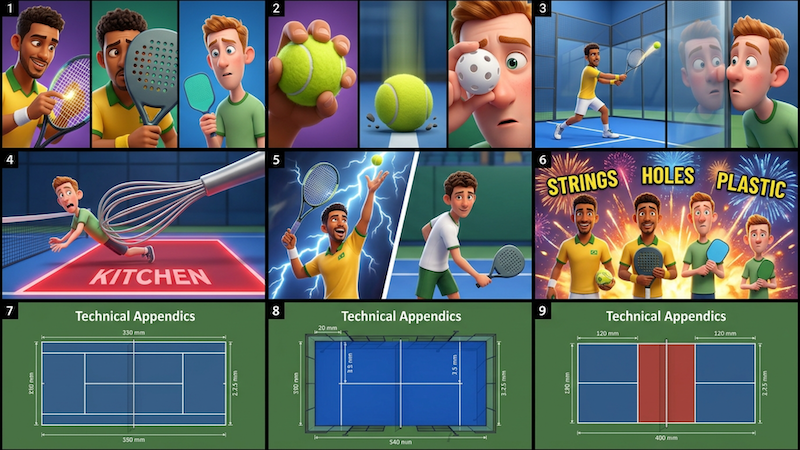Racket Science: the full nine-frame Flow storyboard, six narrative frames plus three court-dimension appendices