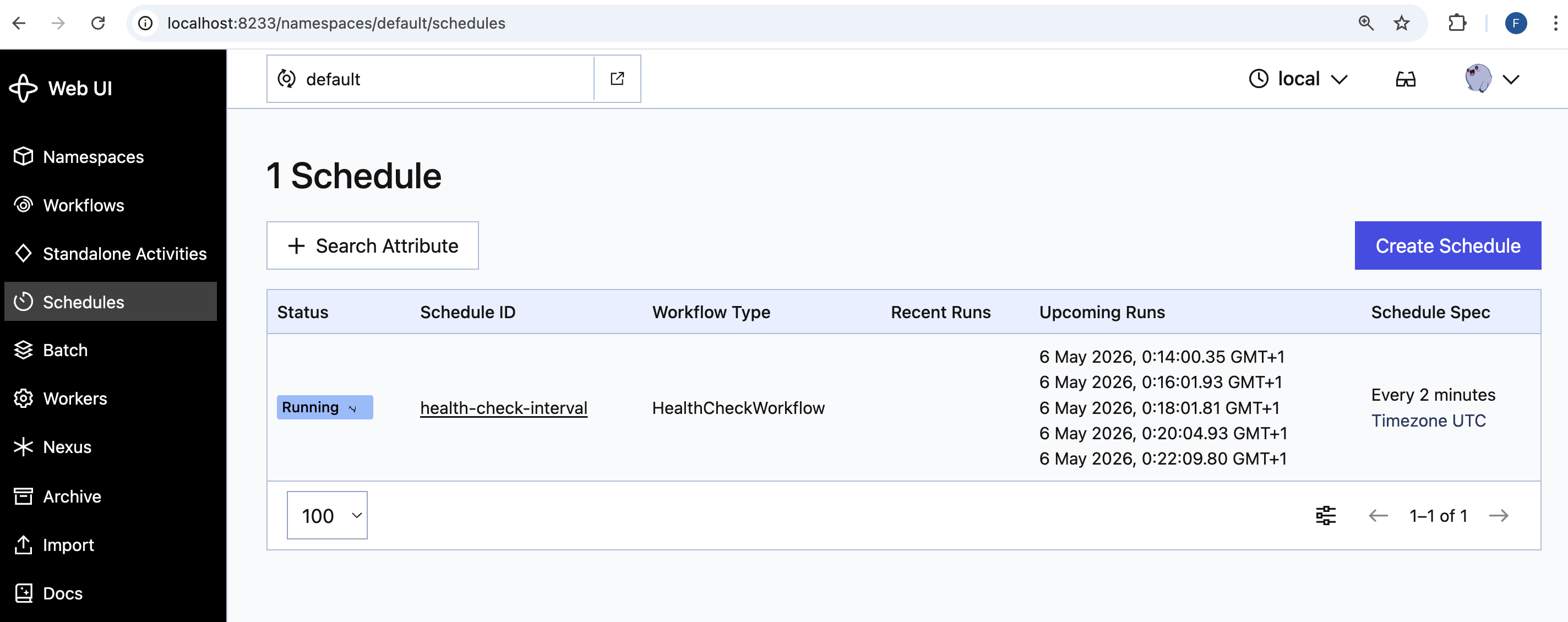 Temporal Web UI showing the newly created health-check-interval schedule with its next execution time.