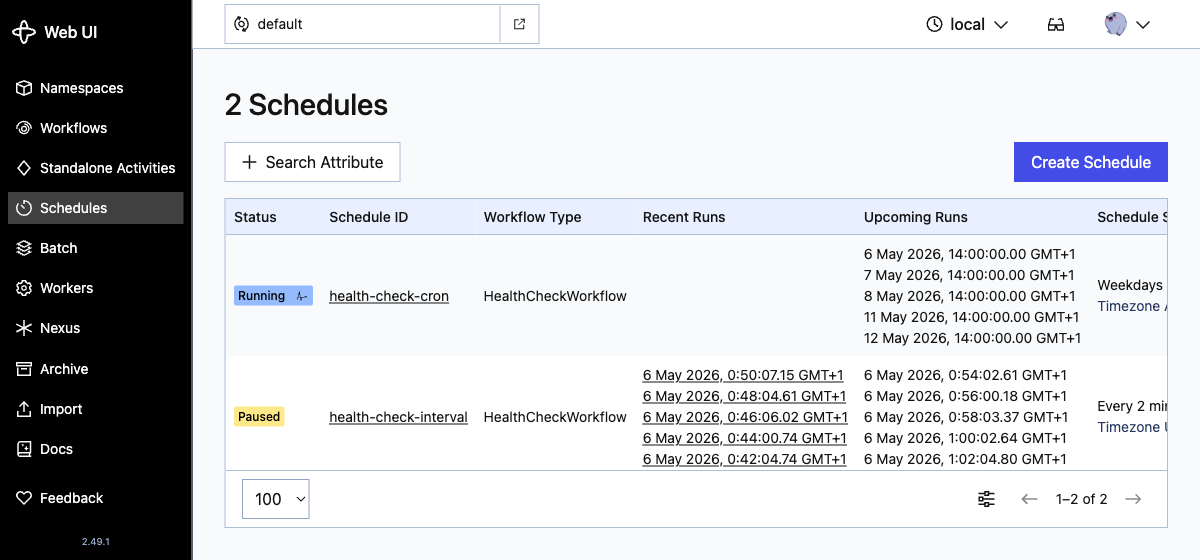 Temporal Web UI Schedules list showing two schedules: health-check-cron with Running status and health-check-interval with a yellow Paused badge.
