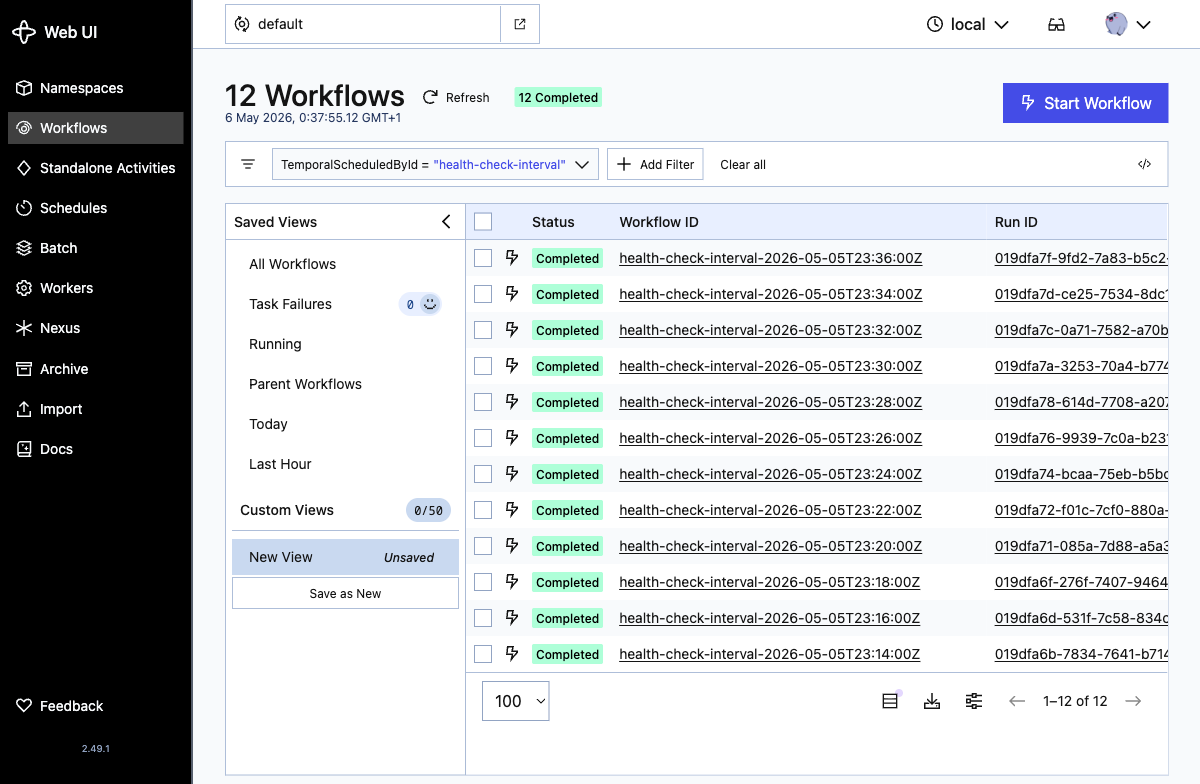 Workflow list filtered by TemporalScheduledById equal to health-check-interval, showing all 12 completed runs sorted newest-first; the two earliest runs are at the bottom of the list.