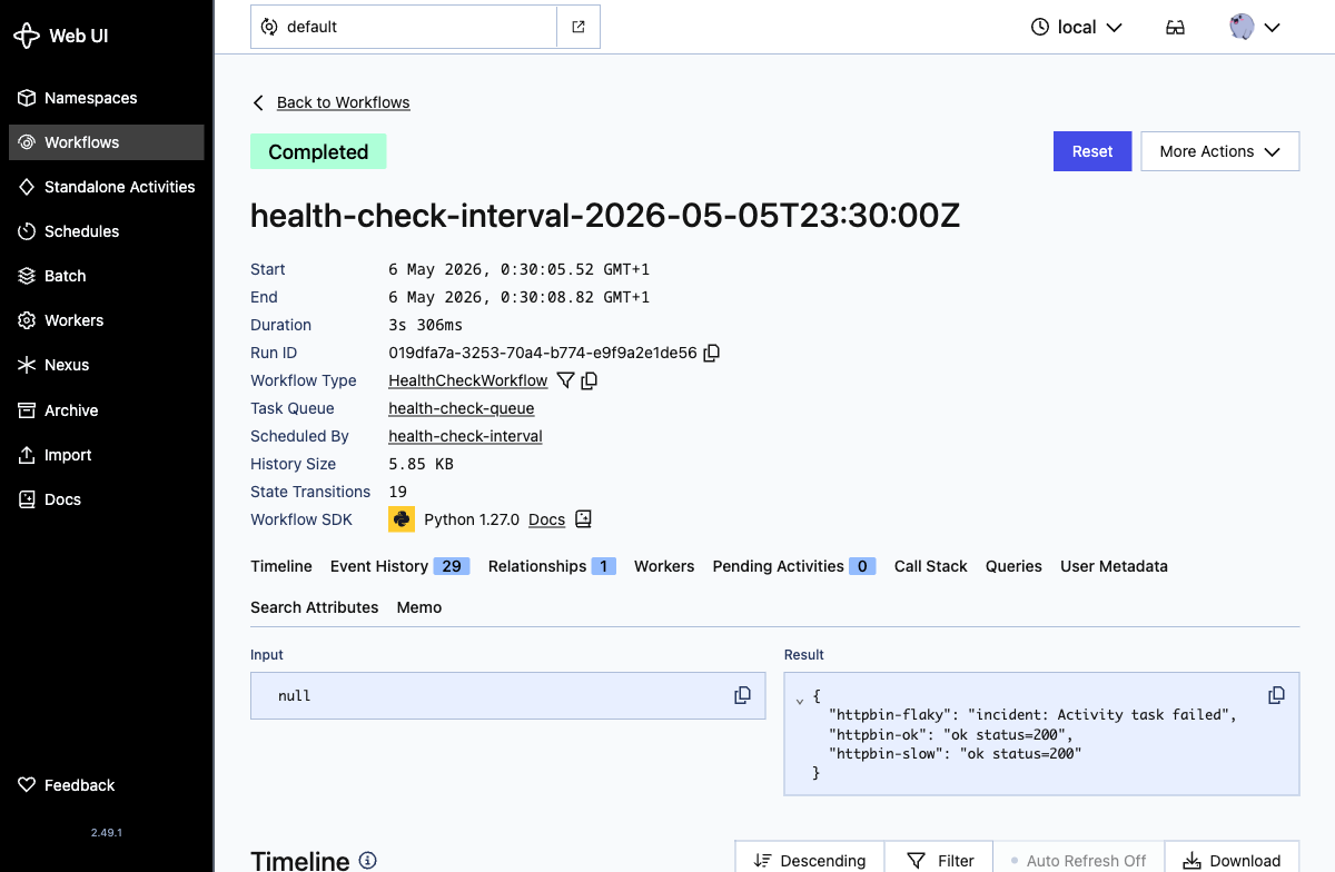 Workflow run detail in the Temporal Web UI showing the result JSON: httpbin-flaky returned an incident, httpbin-ok and httpbin-slow returned ok with status 200.